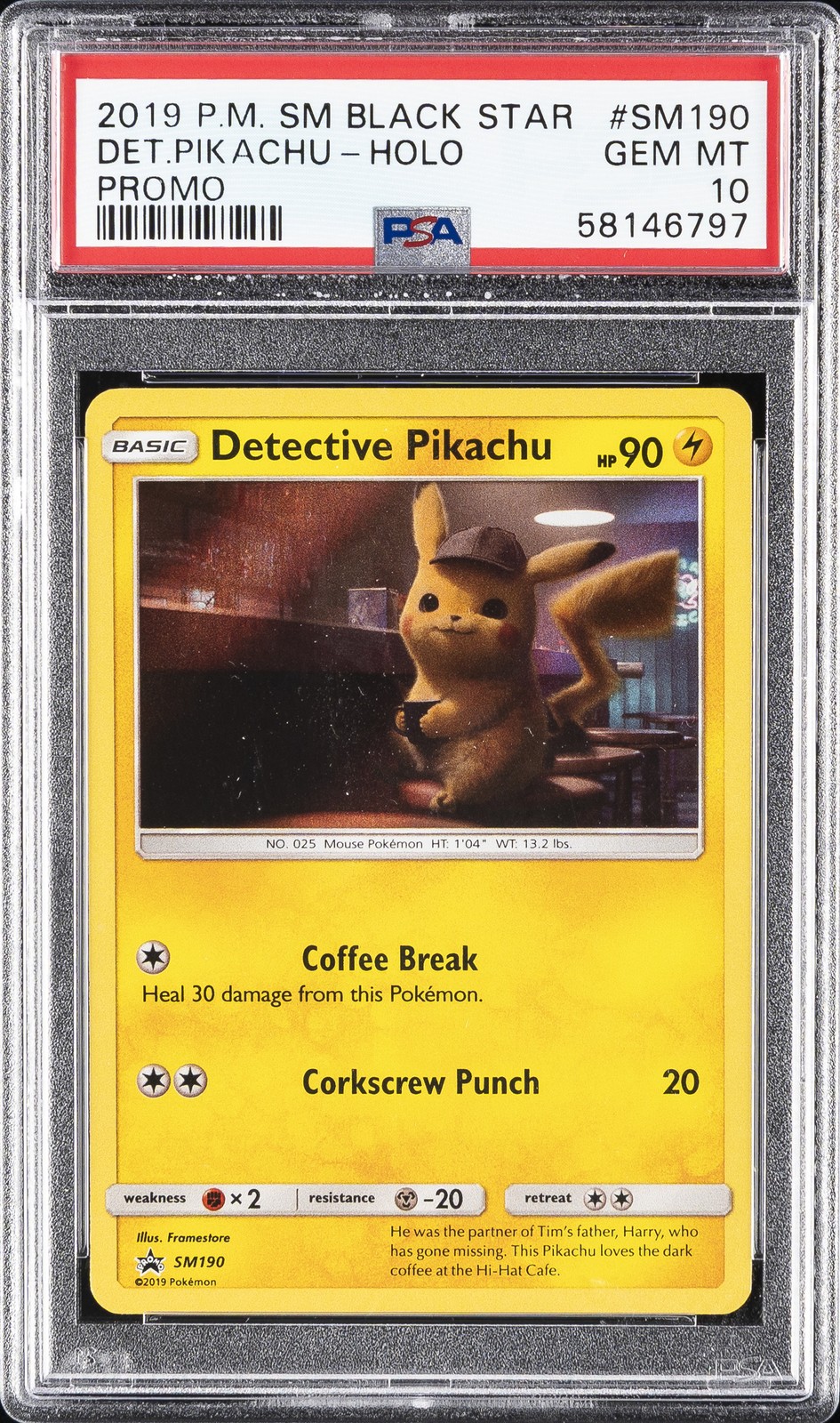2019 POKEMON SM BLACK STAR PROMO #SM190 DETECTIVE PIKACHU-HOLO PSA 10
