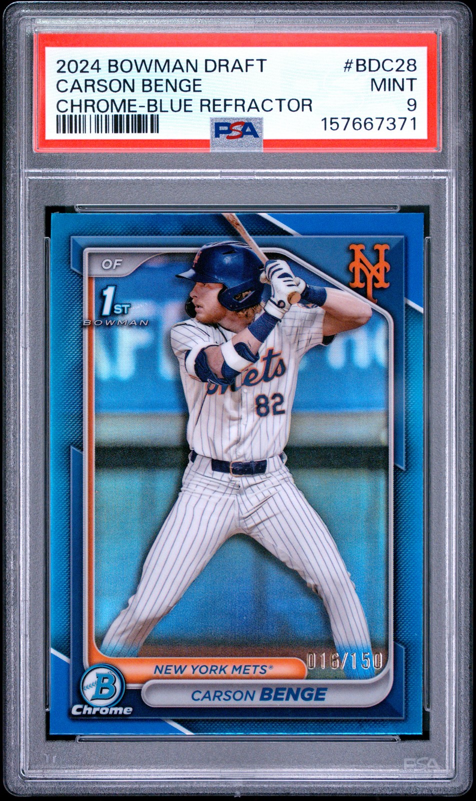 2024 Bowman Draft Chrome-Blue Refractor #BDC28 Carson Benge 16/150 PSA 9