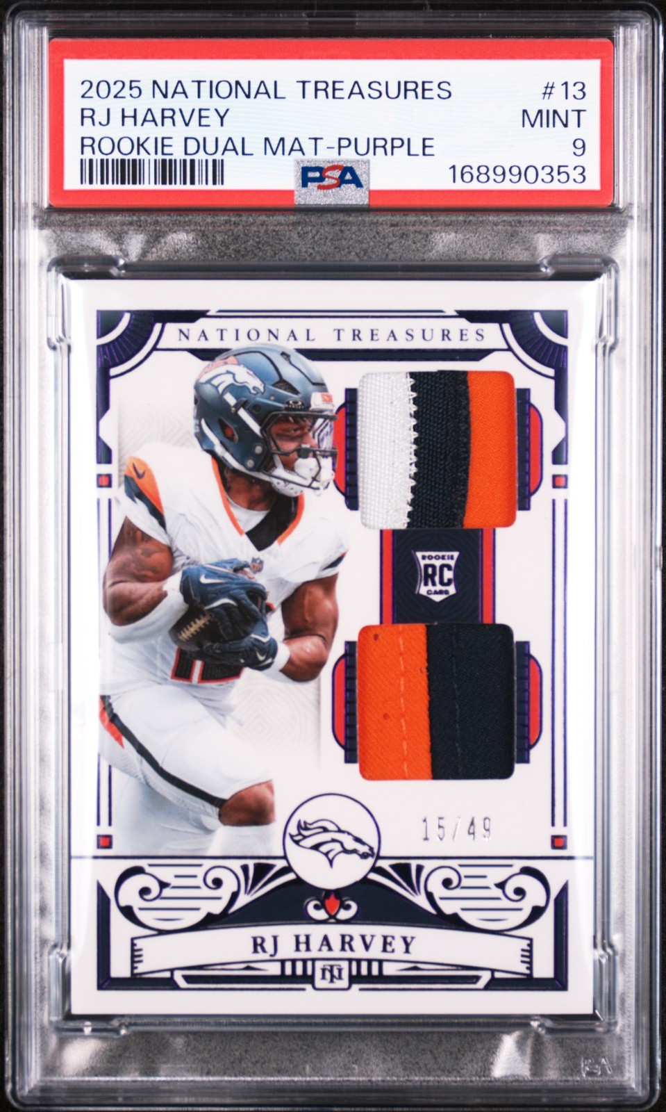 2025 National Treasures Rookie Dual Materials Purple #13 Rj Harvey 15/49 PSA 9