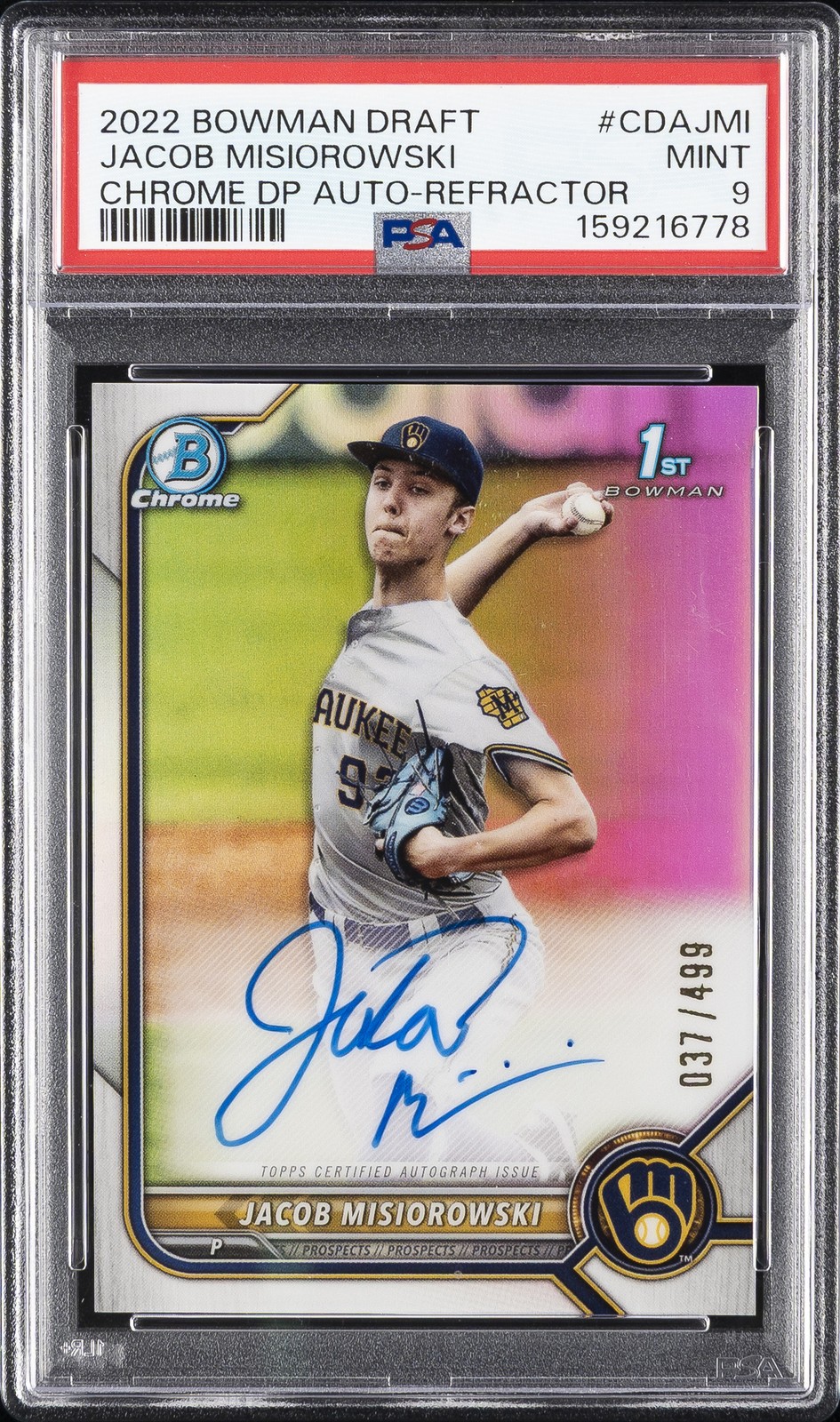 2022 Bowman Draft Chrome Draft Pick Autos Jacob Misiorowski 37/499 PSA 9 Auto